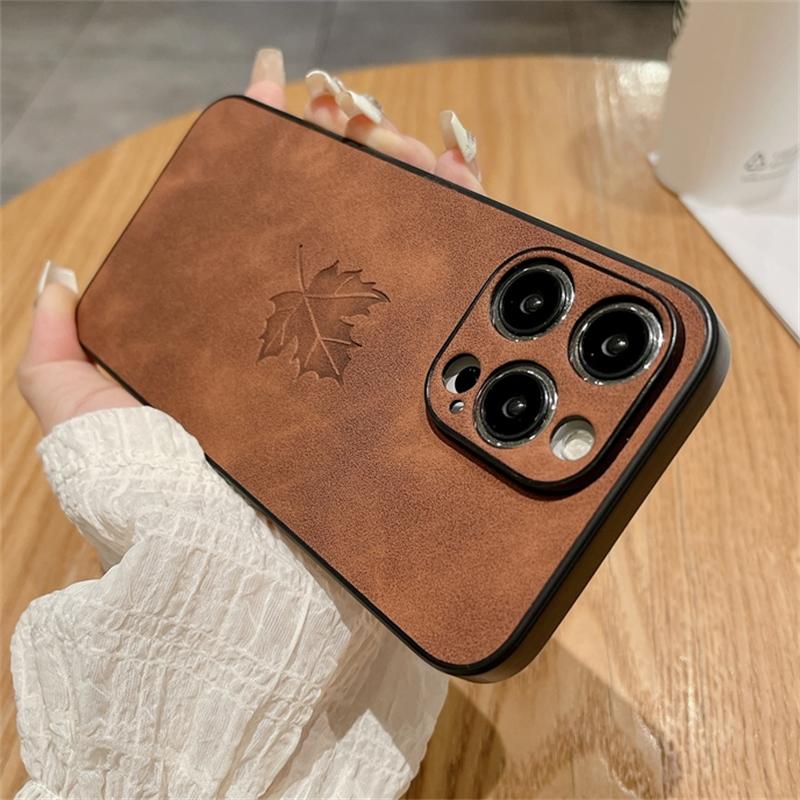 Slim Lambskin Leather Maple Leaves Pattern Phone Case for iphone 16E 11 12 13 14 15 16 Pro Max 15 16 Plus Soft Bumper Back Cover