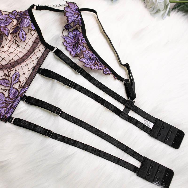 TERMEZY Sexy Lace Lingerie French Thin Transparent Underwear Female Embroidery Brassiere 3-Piece Exotic Bra and Garter Thong Sets