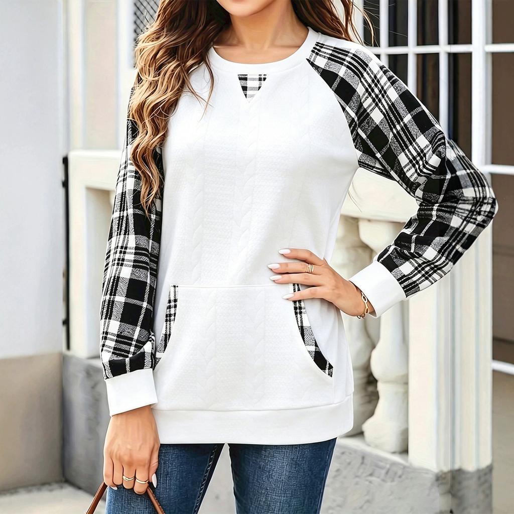 Women's Casual Plaid Crewneck Long Sleeve Sweatshirt with Pockets Loose Fit Top