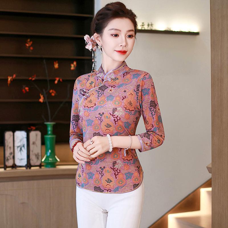 Women s Summer Retro Stand Collar Jacquard Slimming T-shirt Cardigan 2XL (115-125 jin)