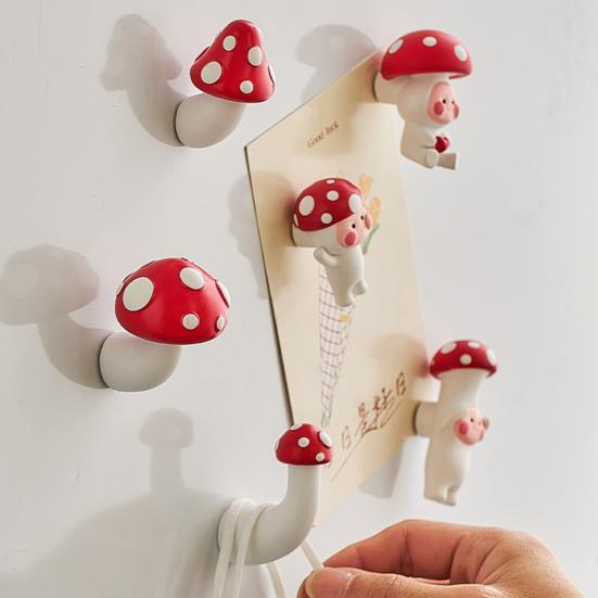 3D Mushroom Hook Refrigerator Magnet Resin Mushroom Shape Decorative Magnet Home Kitchen Office Whiteboard Cabinet Locker Fridge Magnet