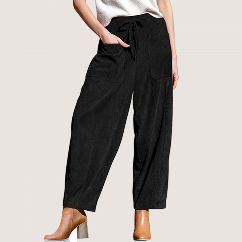 Womens Winter Corduroy Harem Pants Loose Wide Leg Casual Slimming Trousers Mid-Waist 9/10 Length With Drawstring Pocket