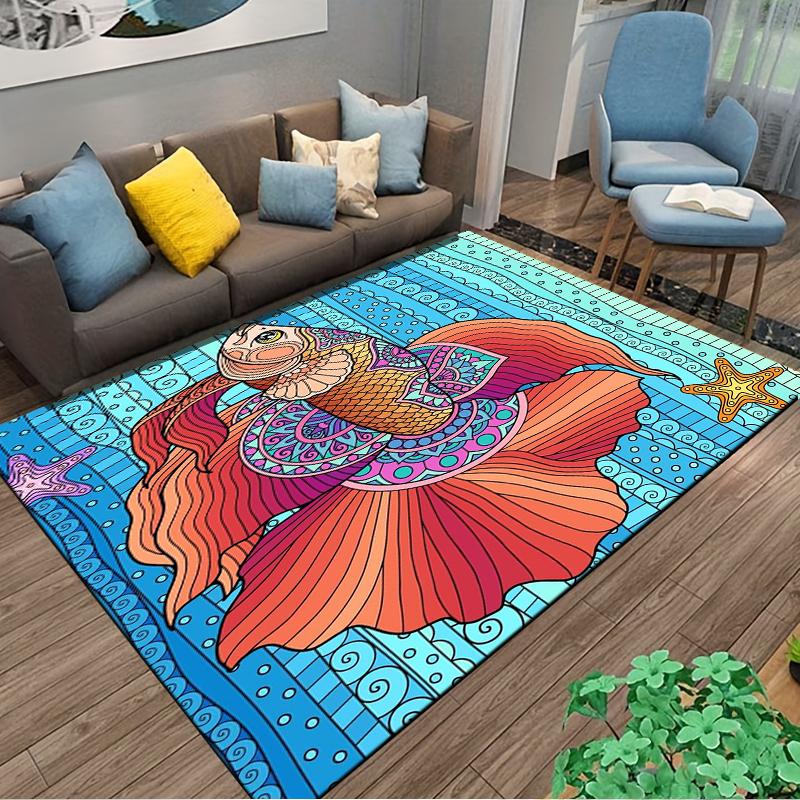Colorful Fish and Starfish Carpet with Ocean Waves Design Pattern Suitable for use as an anti-slip for living room bedroom sofas