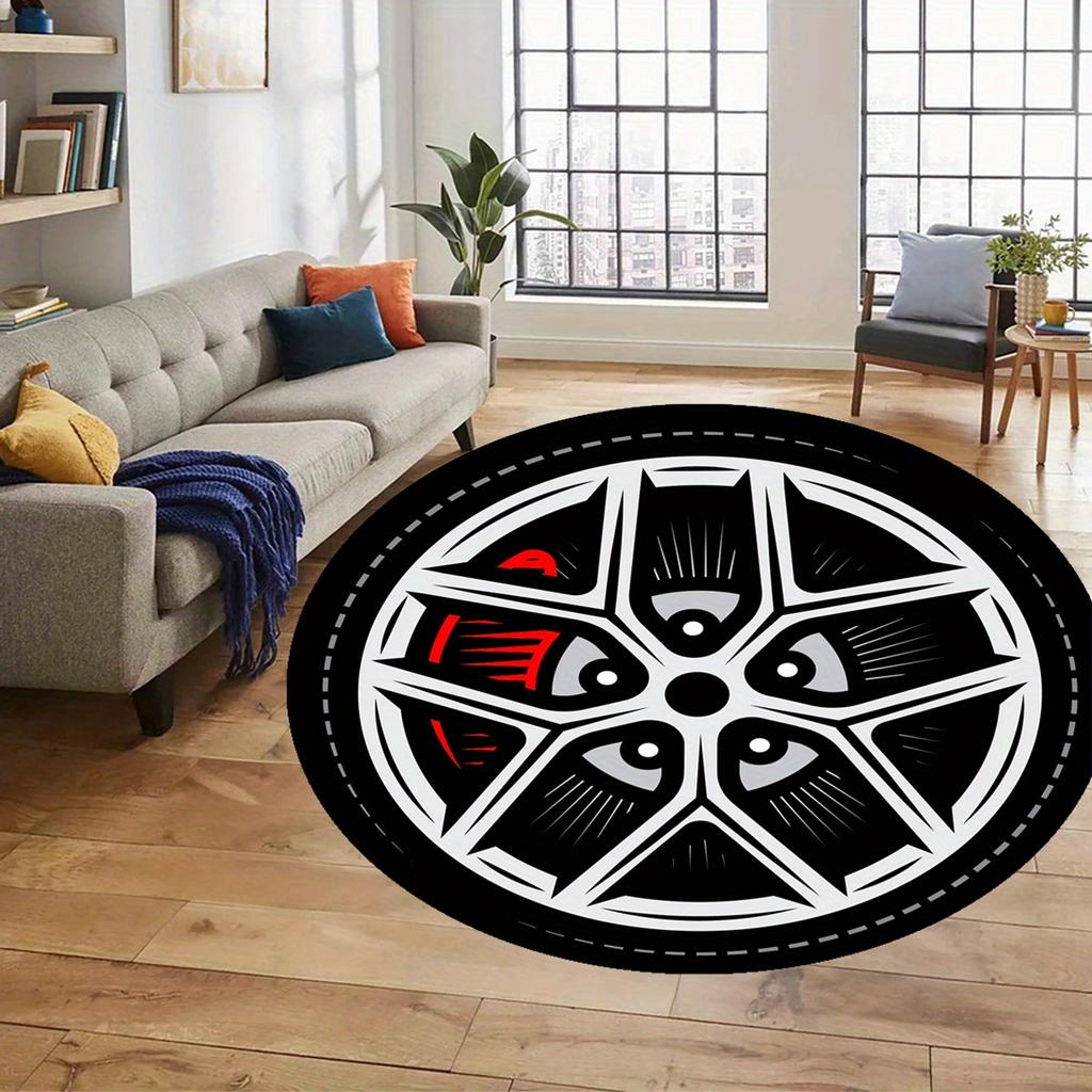 Car Wheel Rim Design Round Rug Flannel Soft Floor Mat for Garage Living Room Bedroom Decor Automotive Theme Home Accessories