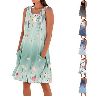 Print Dresses For Women Loose Beach Vacation Casual Sleeveless Sundresses With Pockets Tank Dress