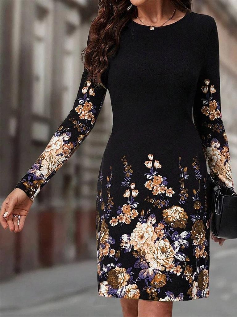 Autumn Winter Women Dress O Neck Flower Print A-Line Long Sleeve Loose Dress Casual Fashion Elegant Ladies Mini Dresses