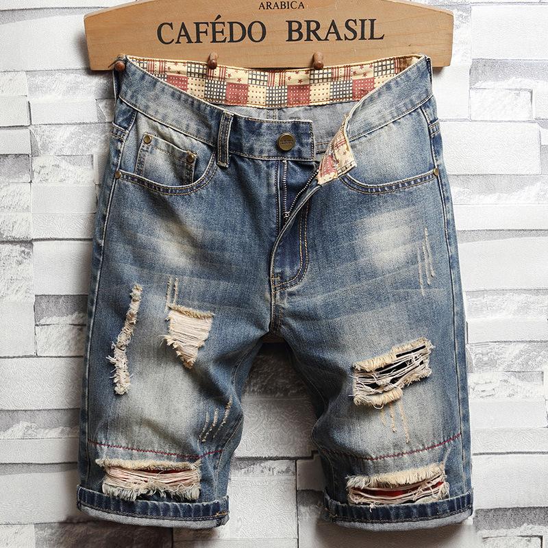 Summer Clothes Men Vintage Ripped Short Jeans Streetwear Fashion Hole Straight Slim Denim Shorts Male Brand Pants 30