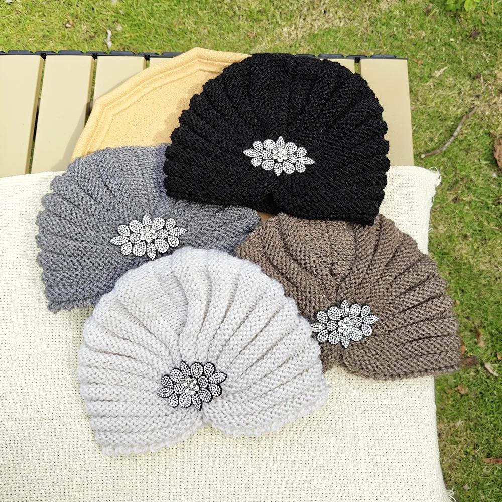 Diamond Knitted Turban Hat Bonnet Cross Wrapped Hat Muslim Bohemia Warm Turbante Cap for Women Winter Autumn Hair Accessories
