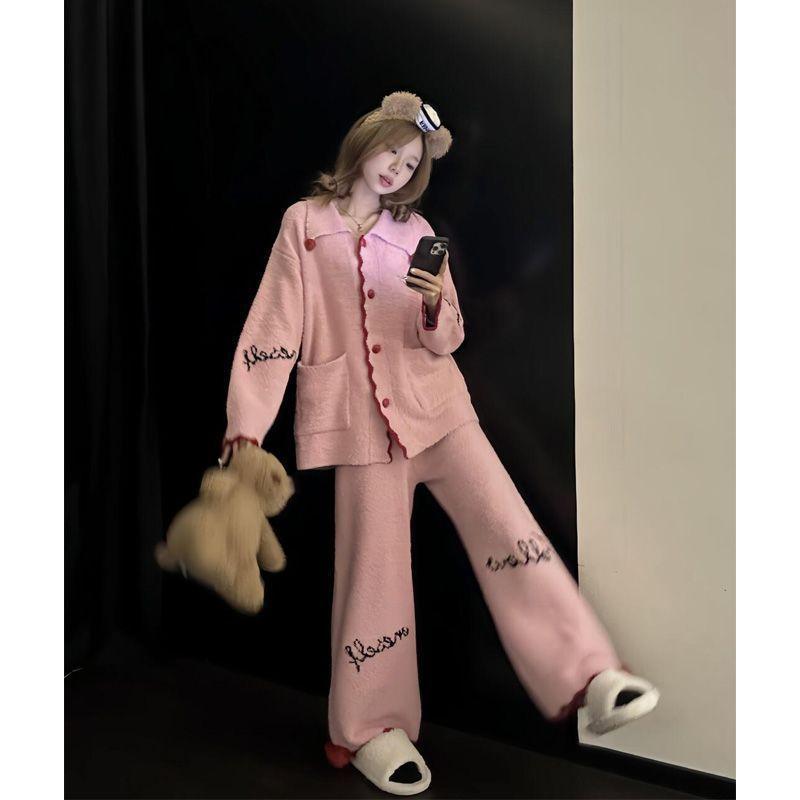 

Winter fluffy pajamas women s autumn and winter half-edge velvet thickened and velvet loose casual fine velvet loungewear long-sleeved set S