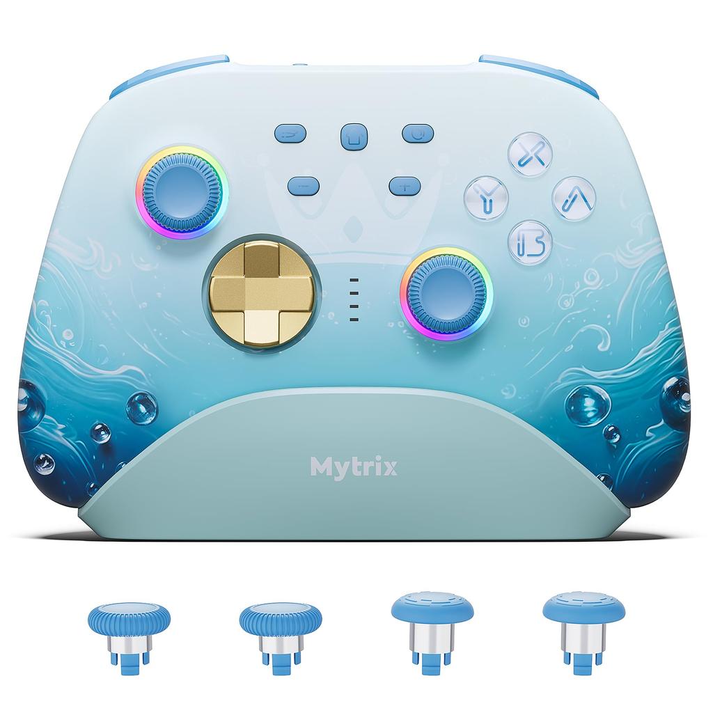 Mytrix Switch Hall Controller with Charging Dock Wireless Controller Hall Effect Trigger Switch Pro Controller with Back Button RGB Light PC Gamepad