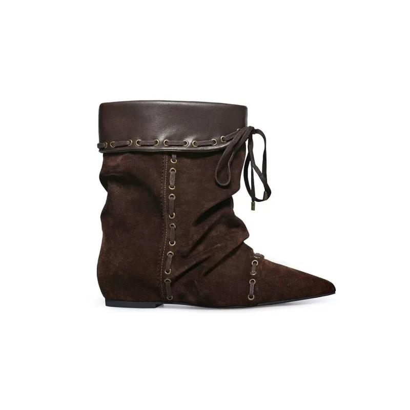 Fashion Wrinkle Style Women's Ankle Boots Pointed Toe Flat Cross-tied Femme Short Boots Winter New Retro Niche Lady Western Cowboy Boots