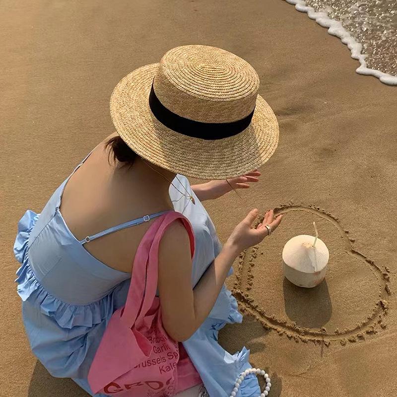 Straw straw hat French British Panama flat top straw hat woven women's summer vacation seaside beach top hat