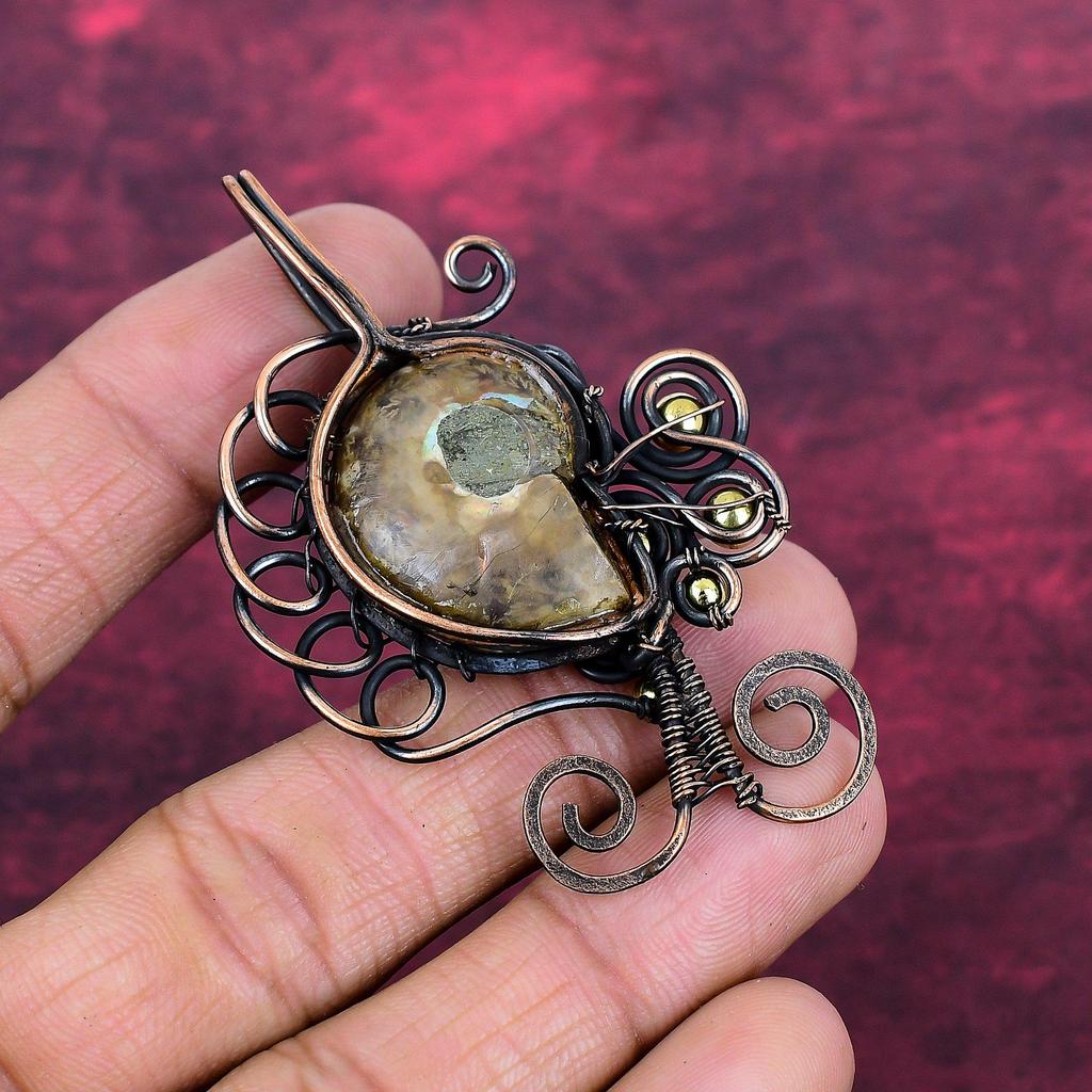 Ammonite Fossil Pendant Copper Wire Wrapped Jewelry Gemstone Handmade Pendant