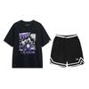 American Vintage Letter Print Short Sleeve Casual Sports Suit Unisex Suit Black YHSU207-1+YAPV001-1