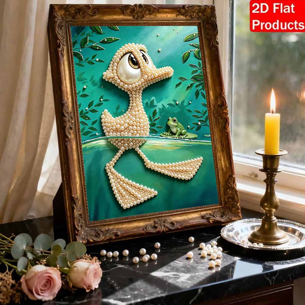 DIY Framed Pearl Bead Art Kit Cute Duck And Little Frog Sparkling Canvas Painting Relaxing Handmade Craft Home Decor Creative Art Gift