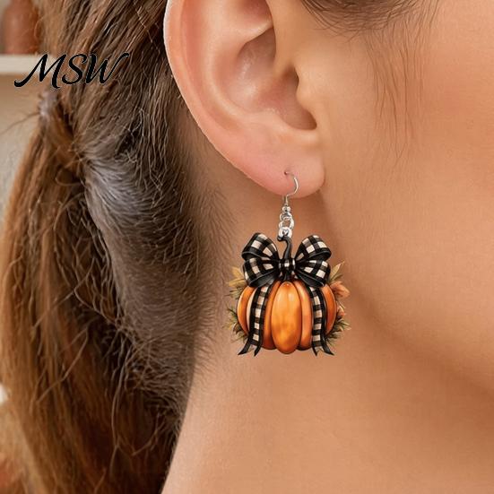 Decorative Halloween Jewelry 1 Pair Pumpkin Earrings for Women, Acrylic Dangle Drop Cute Accessories with Plaid Bow, Fall Holiday Party Lightweight