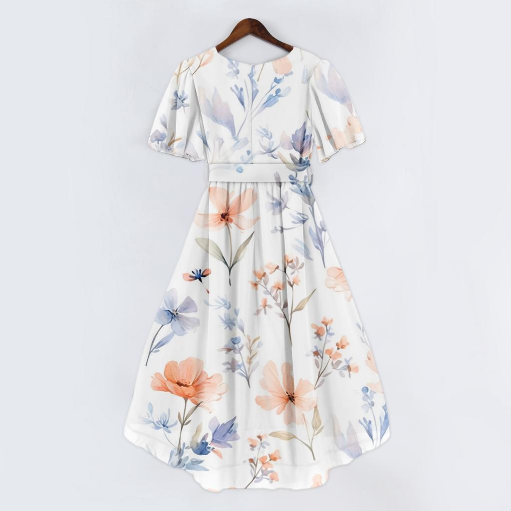 Women's Casual V Neck Short Sleeve Floral Print Dress Vintage Style Wrap Midi Dress Lightweight Summer Dress for Daily Wear