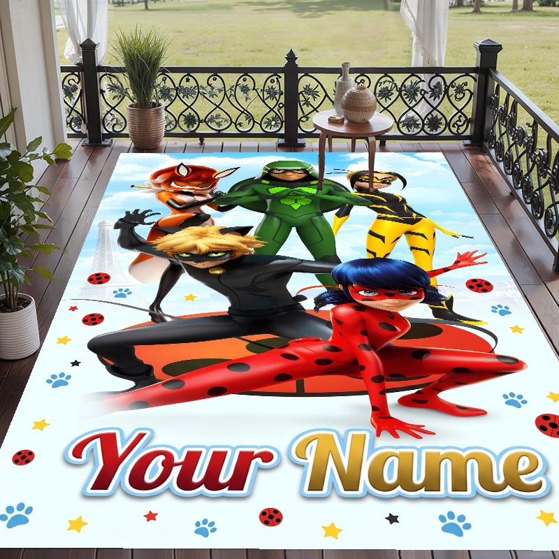 Custom Name Miraculous Ladybug Crystal Velvet Floor Rug Personalized Text Soft Carpet Home Decor