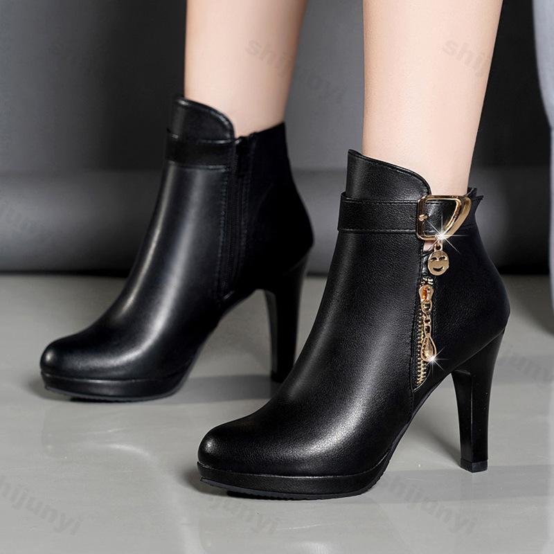 Fashion Women Ankle Boots 2025 Autumn Round Toe PU Leather High-heeled Boots Fashion Retro Zipper Thin Heel Short Boots Botas Mujer