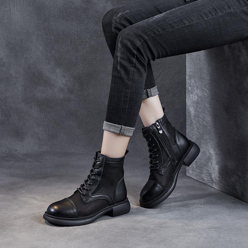 4CM Spring New Breathable Mesh Shoes Top Layer Cow Leather Short Boots British Vintage Women's Boots Summer Fashionable Sandals