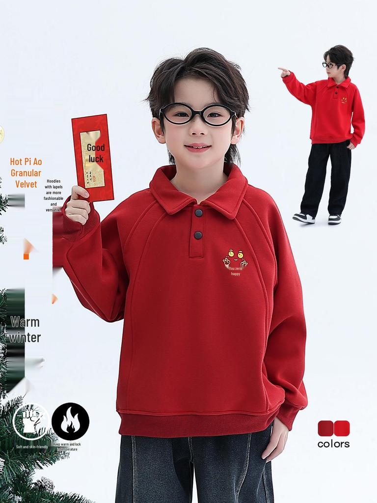 Boys' Red Fleece Hoodie - 2025 Autumn/Winter Zodiac Year of the Horse Outfit for Middle/Big Kids