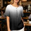 Women’s Fashion Printed Henley Button Neck Short Sleeve Cotton Linen Shirt with Chest Pocket Gradient Design Loose Fit Top