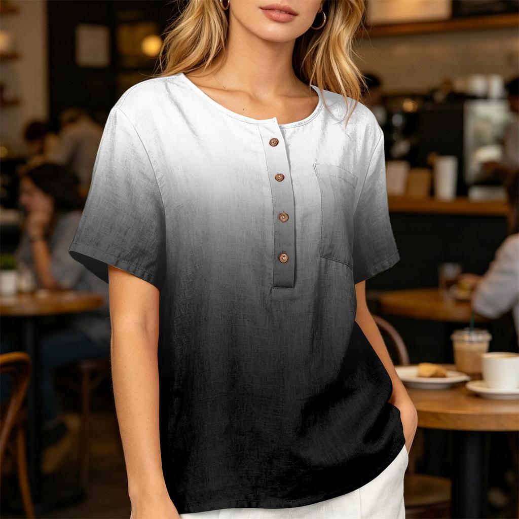 Women’s Fashion Printed Henley Button Neck Short Sleeve Cotton Linen Shirt with Chest Pocket Gradient Design Loose Fit Top