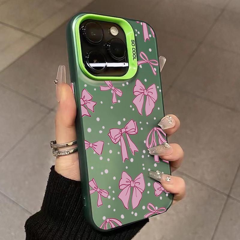 Ins Korean Simple Pink Bow Phone Case for iPhone 15 Pro Max 14 13 12 11 XS X XR 7 8 Plus 15 Luxury Lens Protection Laser Cover