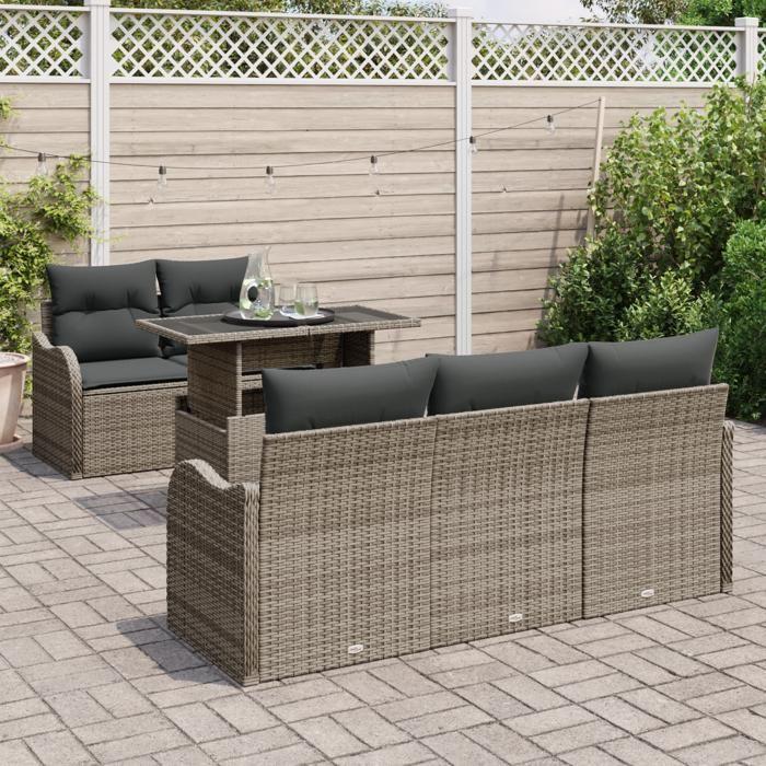 Ensemble de Canapé de Jardin de 6 Pièces avec Coussins en Rattan Gris Poly, Canapé de Jardin 2 Places avec Rangement 3357112