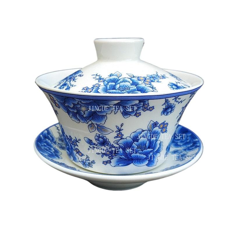 180ml Ceramic Covered Bowl Chinese Blue and White Tea Bowl Home Kung Fu Tea Set Drinking Utensils Tea Cup with Lid Teaware