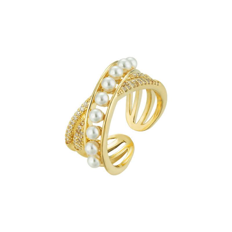 Cross Pearl Hollow Open Ring Fashion Light Luxury Imitation Pearl Micro-inlaid Zircon Ring Adjustable Index Finger Ring