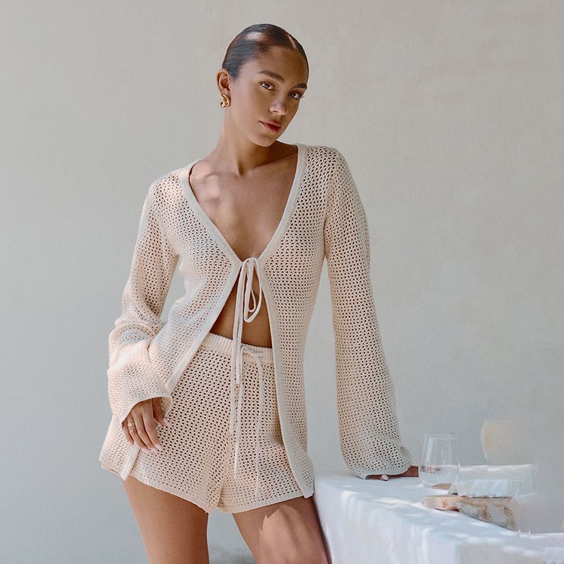 

White Mesh Woven Long Sleeves Knitwear Women s 2024 Summer New Arrival Cut Out Loose Travel Wear Blouse Apricot color L