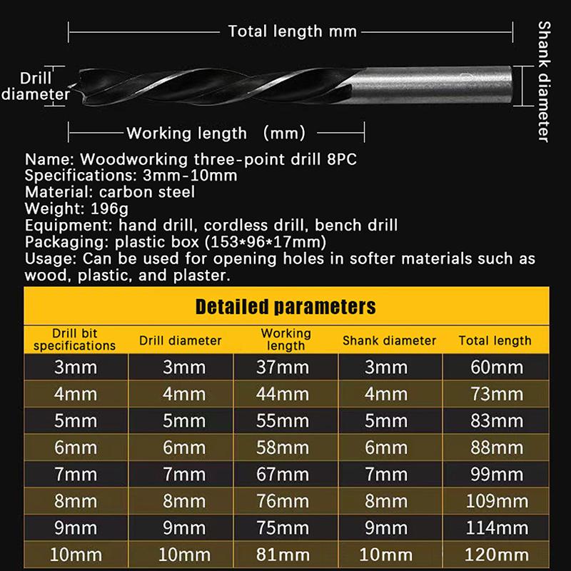 5/8Pcs Electric Drill Bit Drilling Twist Drill Tool 3-10Mm Three Pointed Woodworking Drill Dc Branch Drill Drilling