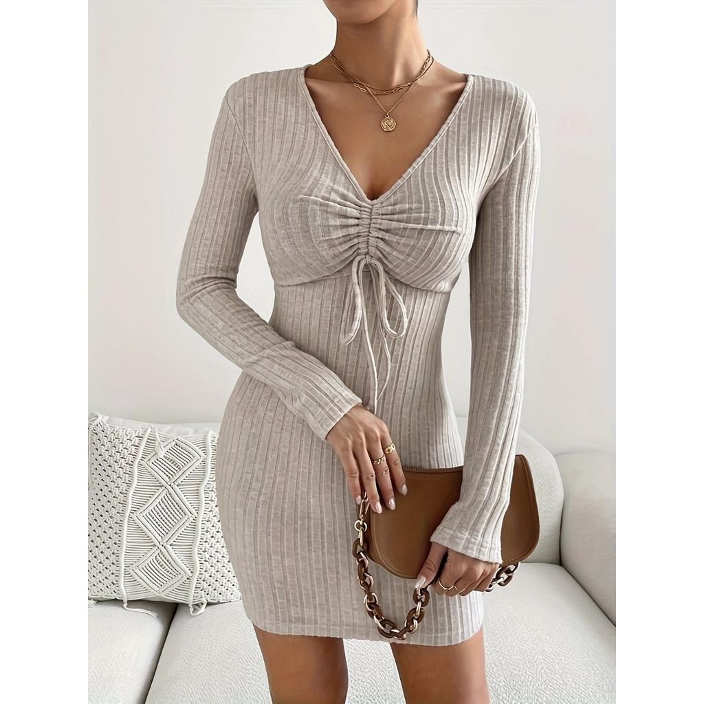 Women's Solid Color Minimalist Drawstring Slim Long Sleeve Knit Dress Autumn Winter, European American Style