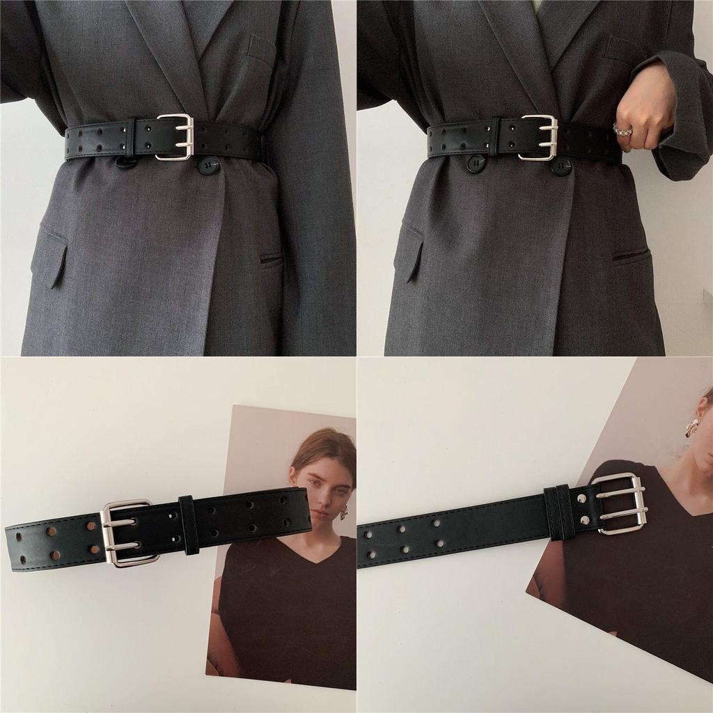 Pu Trendy Black Waist Belt With Double Holes For Vintage Inspired Attire Casual