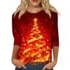 Women's Casual Christmas Print Neck Three-Quarter Sleeve T-Shirt for Everyday Wear