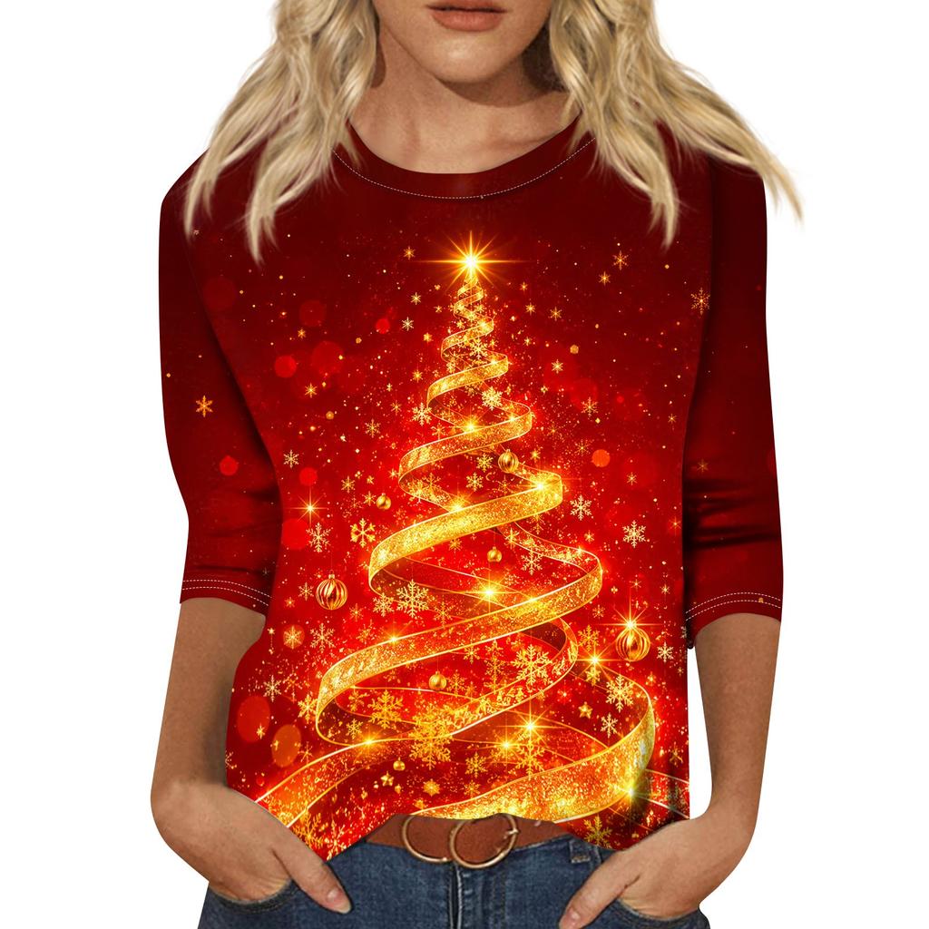 Women's Casual Christmas Print Neck Three-Quarter Sleeve T-Shirt for Everyday Wear