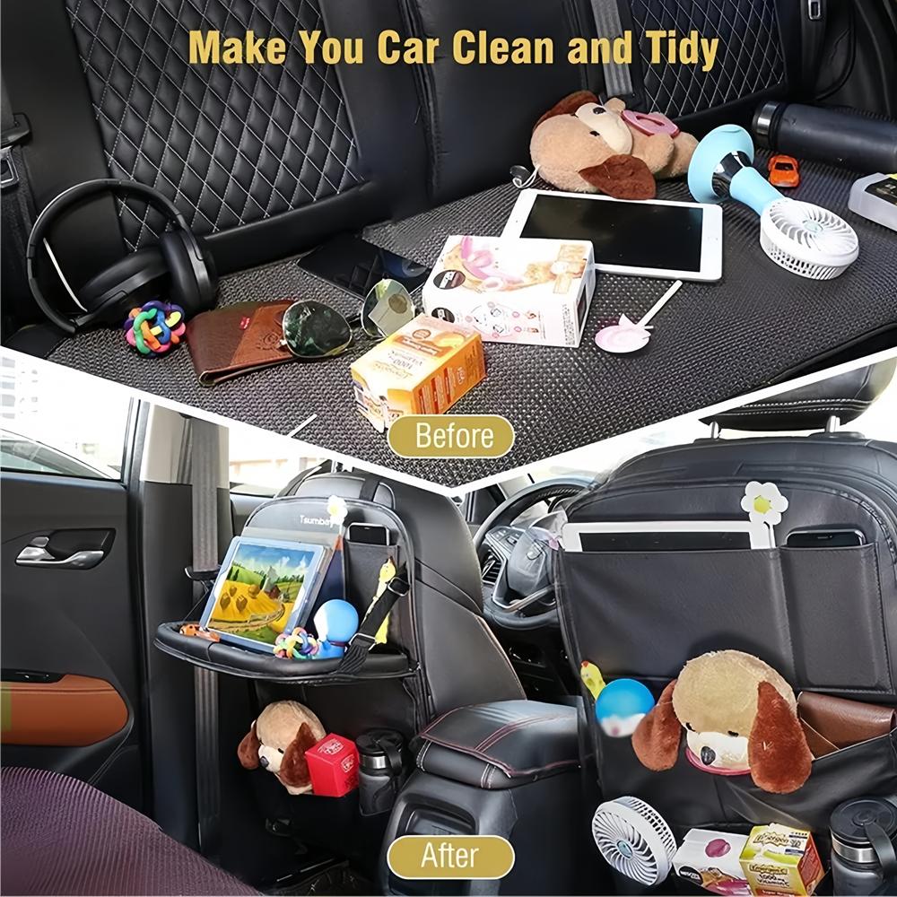 Car Seat Back Organizer PU Leather Foldable Table Tray with Storage Pockets And Kick Mats - Vehicle Interior Accessories