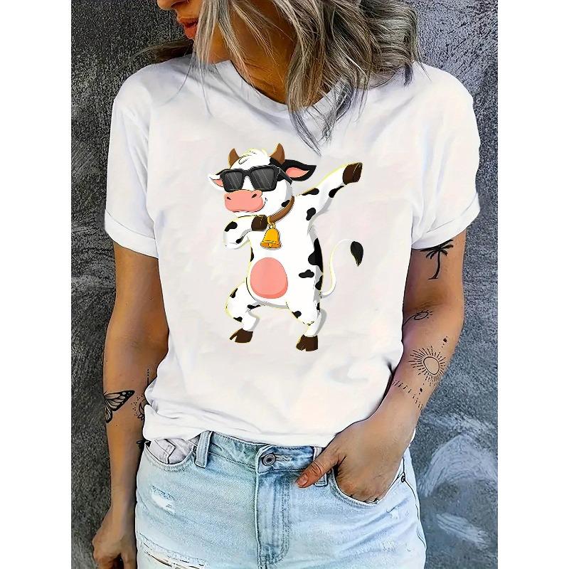 Women's Dancing Cow Print T-Shirt - Cute Cow Dance Short Sleeve Summer Top, Casual Round Neck Blouse for Casual Attire & Themed Parties,