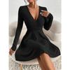 New for Autumn/Winter Women Knit Slim Sexy Bodycon Dress V-Neck Long Sleeve Dress Solid Casual Midi Sweater Dress