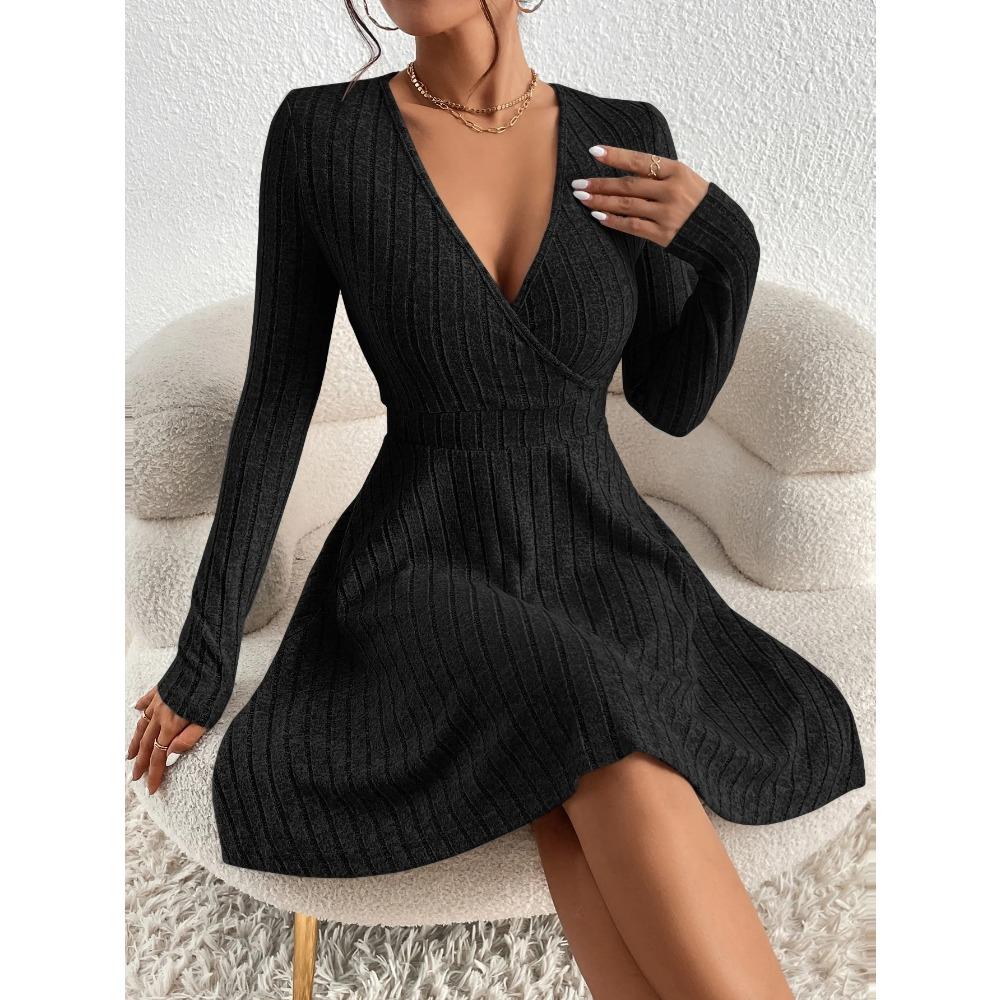New for Autumn/Winter Women Knit Slim Sexy Bodycon Dress V-Neck Long Sleeve Dress Solid Casual Midi Sweater Dress