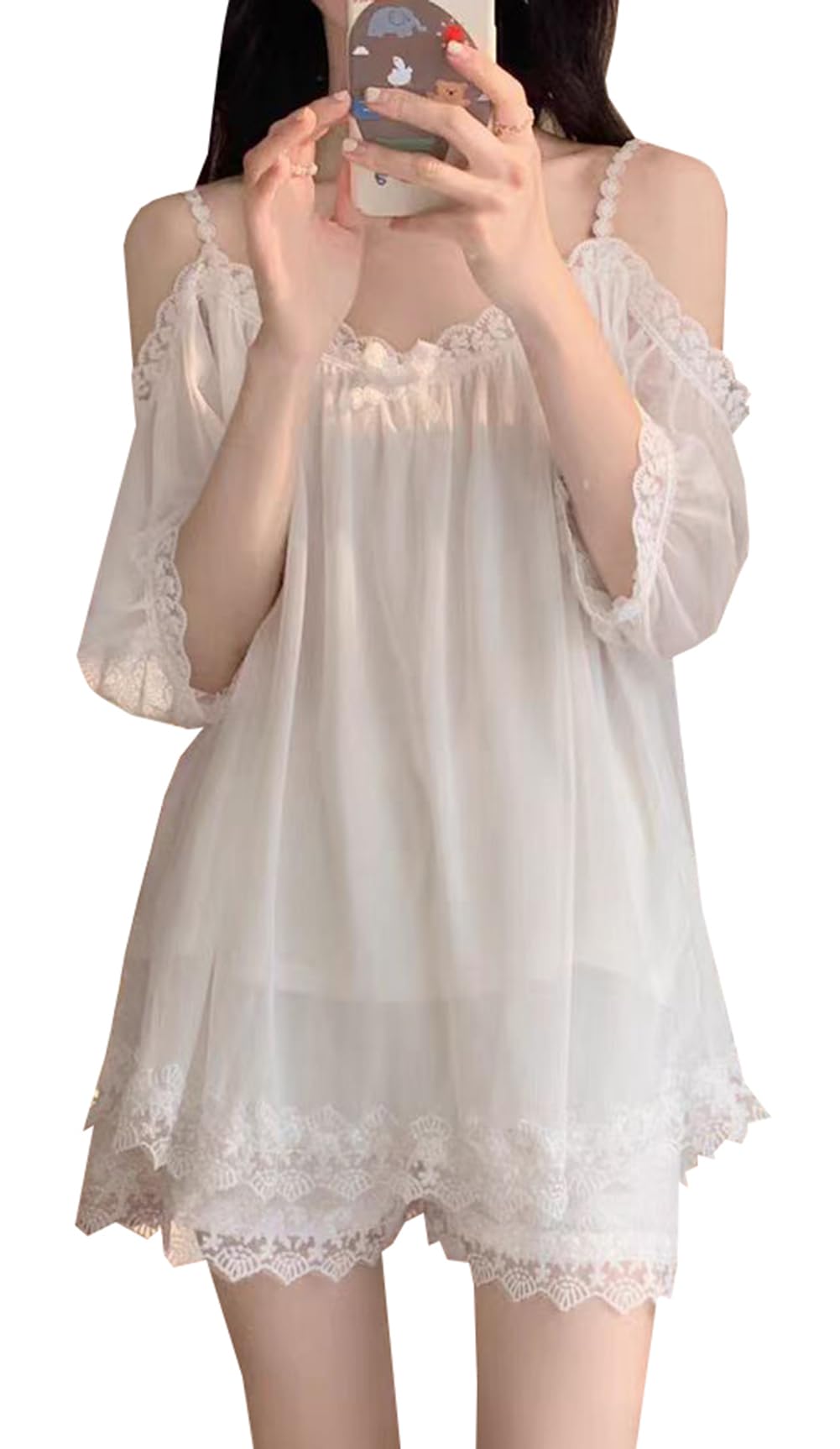 

WANSHIX Кружевная пижама Тюлевый топ с коротким рукавом и летняя домашняя одежда Размер Женский комплект, Комплект из 2 предметов, Шорты, Милый, Легкий, В стиле принцессы (Белый, Л) белый