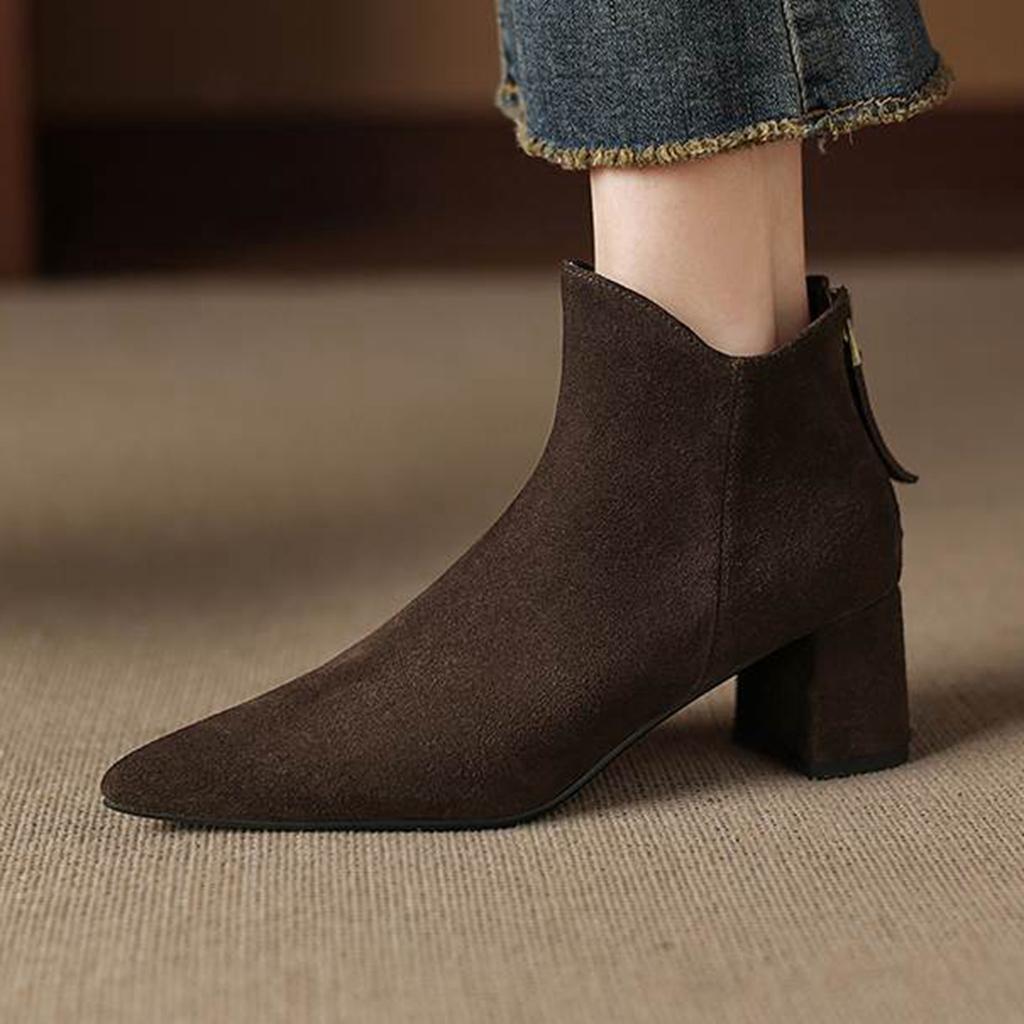 Krazing Pot Cow Suede Nubuck Pointed Toe Thick Heels Chelsea Boots Size 43 Zip Basic Clothing Women Ankle Boots