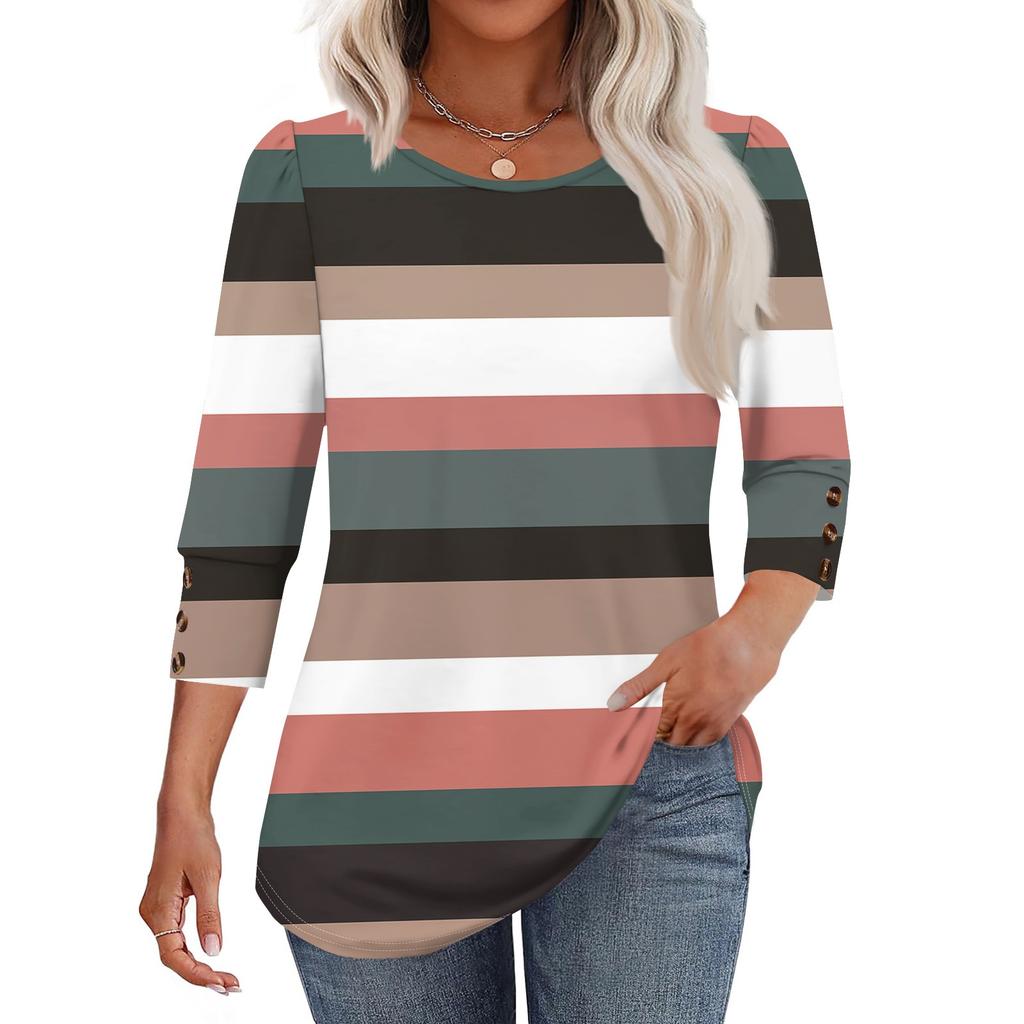 Damenmode Lässiges T-Shirt Top mit Streifenmuster, Rundhalsausschnitt und Sieben-Ärmeln