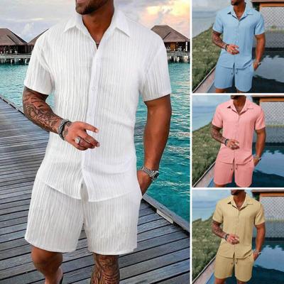 Conjunto de 2 peças/conjunto de roupa casual masculina, lapela, manga curta, camisa com botões, elástico, cordão na cintura, pernas largas, shorts, conjunto de cor sólida, roupa solta