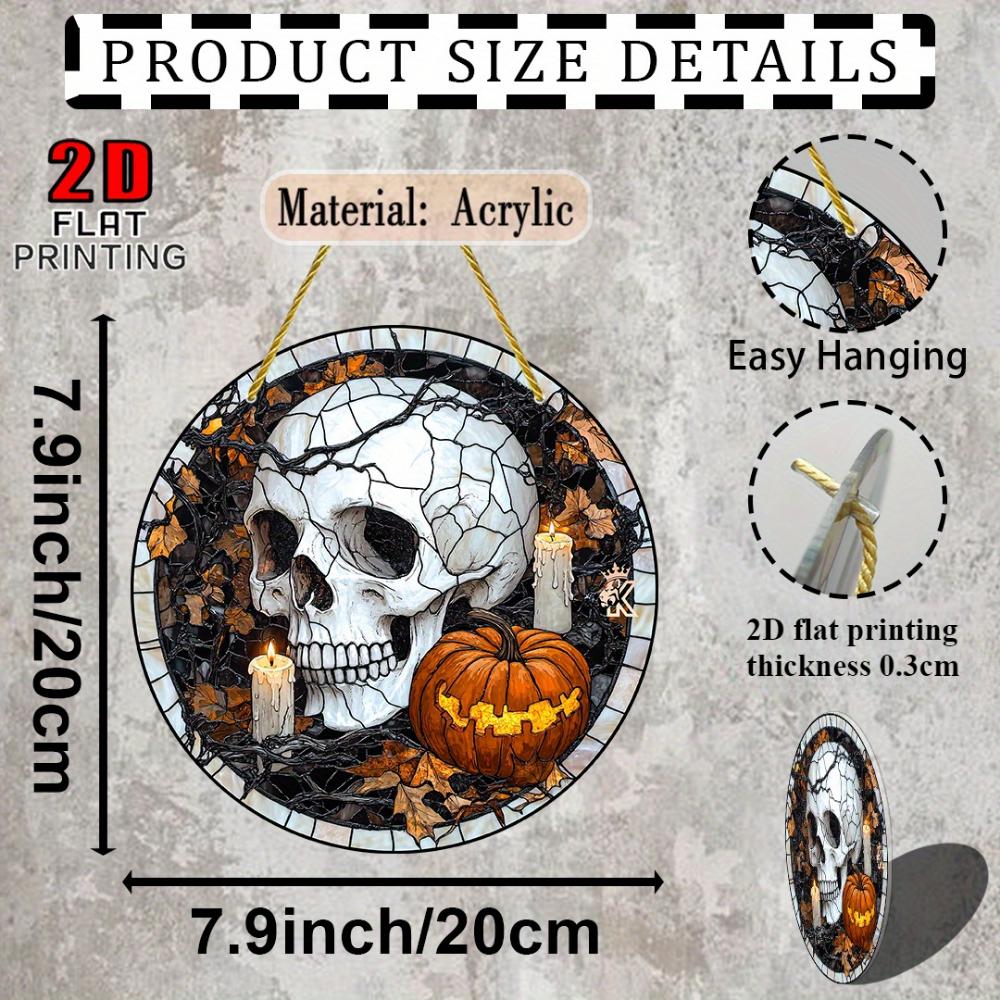 Halloween Skull and Pumpkin Stained Glass Pendant Sun Catcher -  Acrylic Garden Decoration with Candles and Fall Leaves, Outdoor Halloween Decoration,