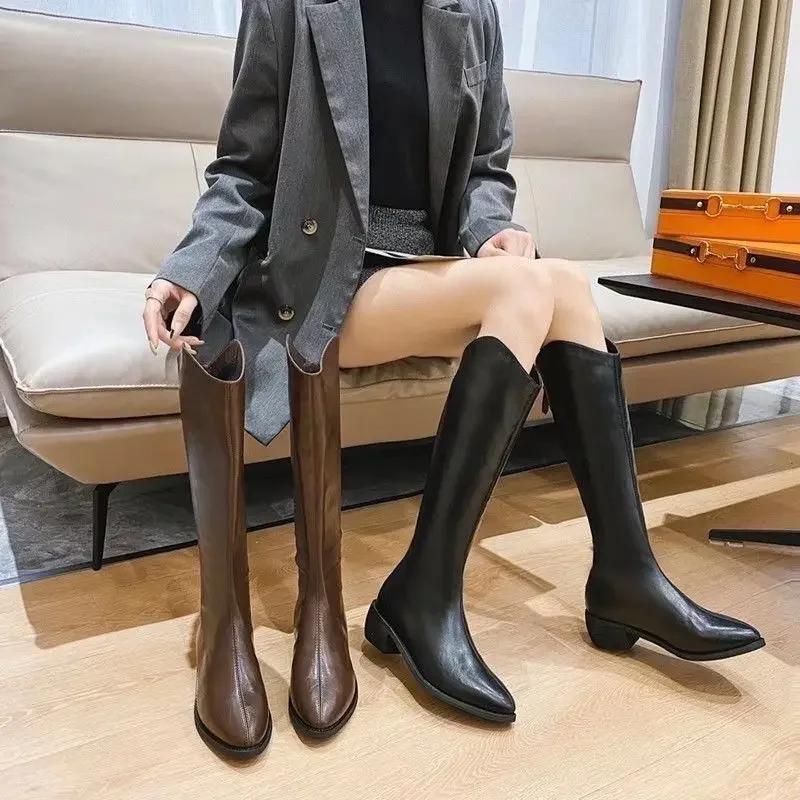 Fashion Ladies Knee High Shaft Shoes Large Size Warm Winter 2025 Pointed Toe Work Women's Long Boots Quality Chic and Elegant Pu Y2k Hot