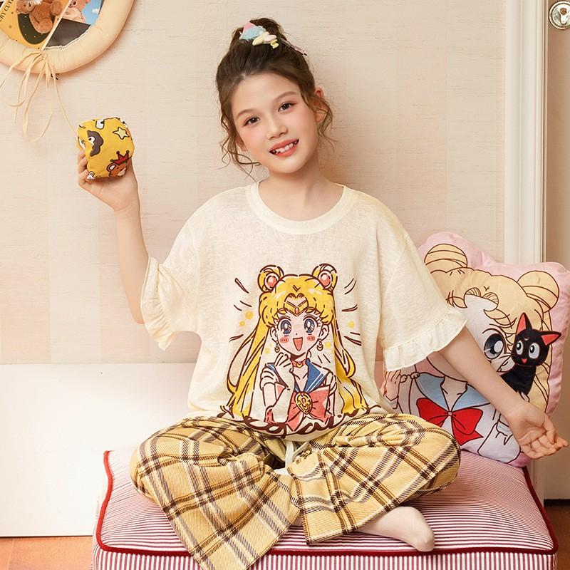 Cute Cartoon Family Matching Pajamas Set Girls Moms Soft Tencel Short Sleeve Long Pants Sleepwear