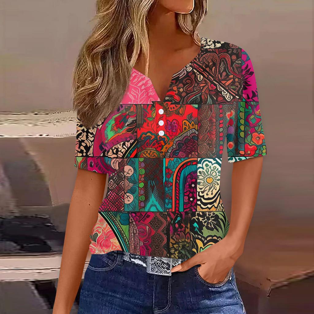 Damen T-Shirt mit Aufdruck und Knopfleiste, kurzärmelig, für den Alltag, Wochenende, modisch, Basic, V-Ausschnitt, normales Oberteil