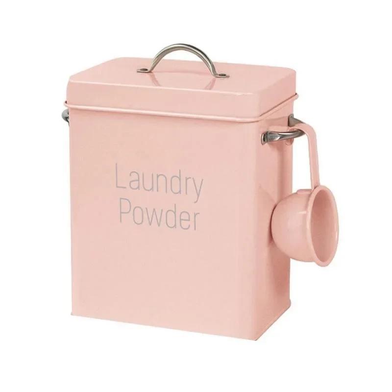 

3KG Washing Powder Barrel With Spoon Small Grain Storage Box Household Multifunction Iron Covered Barrel Nordic Wind рожевий